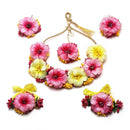 Gold-Plated Pink-Yellow Floral White Pearls Beaded Haldi & Mehendi Jewellery Set with Maang Tikka & Haathphool