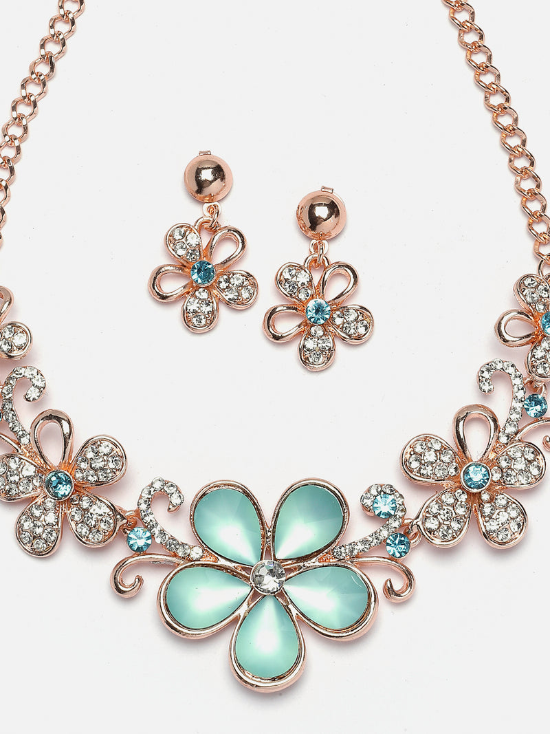 Rose Gold-Plated Sea Green American Diamonds Studded Floweret Necklace & Earrings Jewellery Set