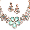 Rose Gold-Plated Sea Green American Diamonds Studded Floweret Necklace & Earrings Jewellery Set
