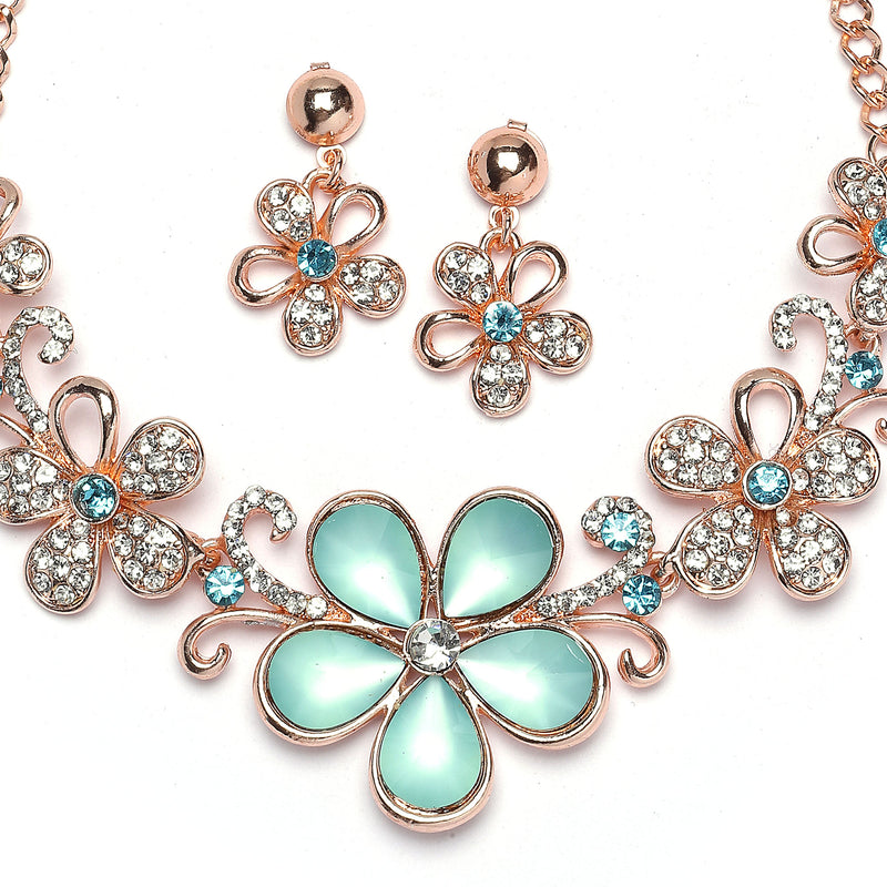 Rose Gold-Plated Sea Green American Diamonds Studded Floweret Necklace & Earrings Jewellery Set