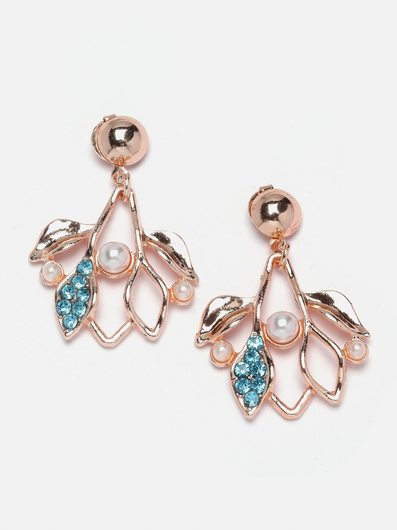 Rose Gold-Plated Blue Cubic Zirconia & White Pearls Studded Leaf Shaped Necklace with Earrings