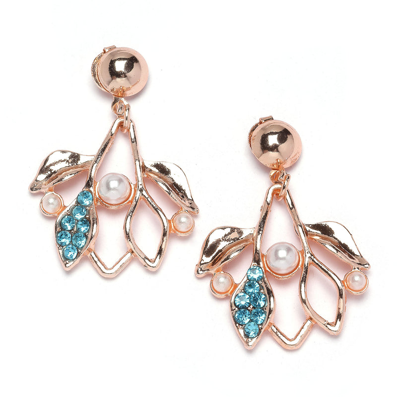 Rose Gold-Plated Blue Cubic Zirconia & White Pearls Studded Leaf Shaped Necklace with Earrings
