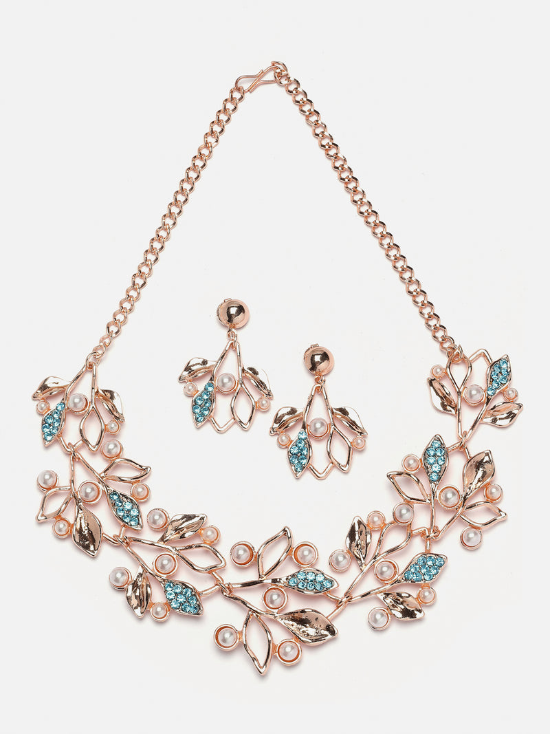 Rose Gold-Plated Blue Cubic Zirconia & White Pearls Studded Leaf Shaped Necklace with Earrings