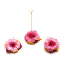 Gold-Plated Pink-Yellow Floral White Pearls Beaded Haldi & Mehendi Jewellery Set with Maang Tikka & Haathphool