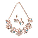 Rose Gold-Plated Blue Cubic Zirconia & White Pearls Studded Leaf Shaped Necklace with Earrings