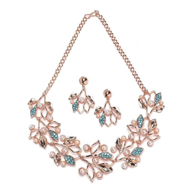 Rose Gold-Plated Blue Cubic Zirconia & White Pearls Studded Leaf Shaped Necklace with Earrings