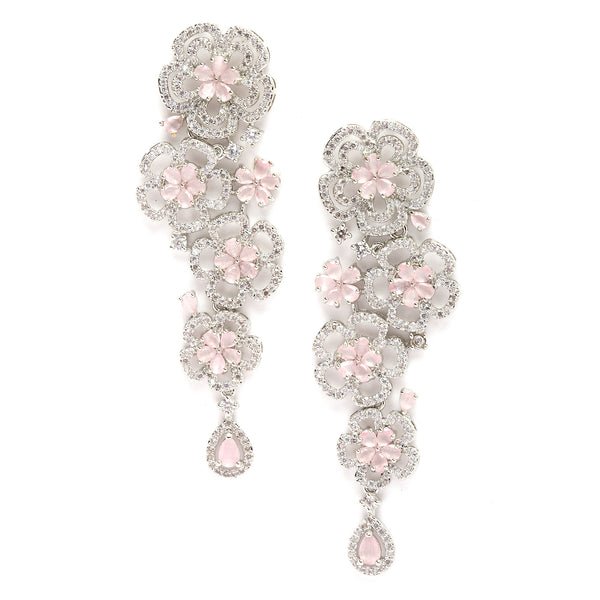 Rhodium-Plated Pink & White American Diamond studded Floral Chandelier Drop Earrings