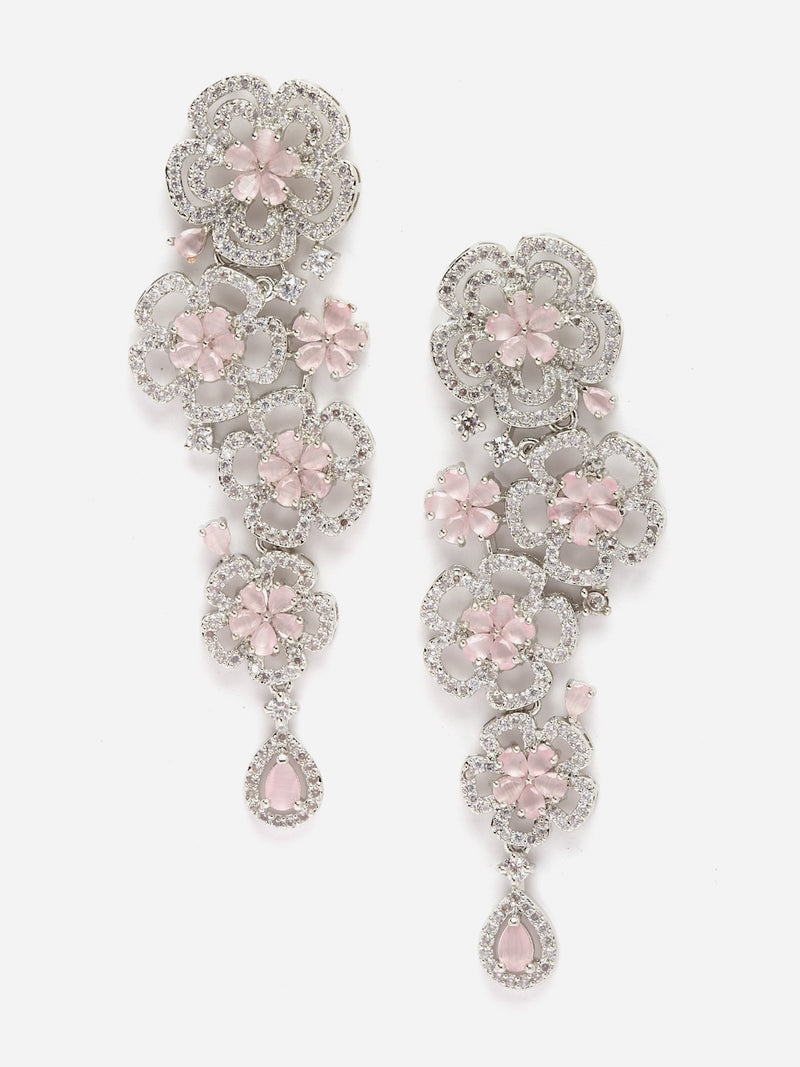 Rhodium-Plated Pink & White American Diamond studded Floral Chandelier Drop Earrings