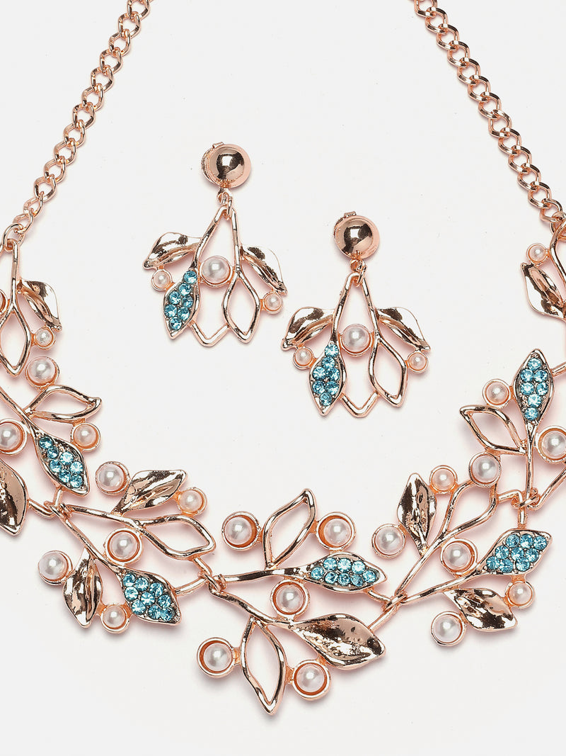 Rose Gold-Plated Blue Cubic Zirconia & White Pearls Studded Leaf Shaped Necklace with Earrings