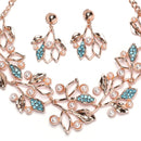 Rose Gold-Plated Blue Cubic Zirconia & White Pearls Studded Leaf Shaped Necklace with Earrings