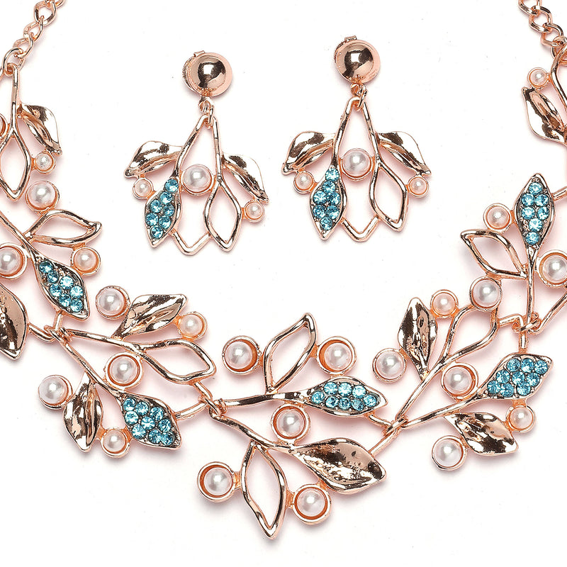 Rose Gold-Plated Blue Cubic Zirconia & White Pearls Studded Leaf Shaped Necklace with Earrings