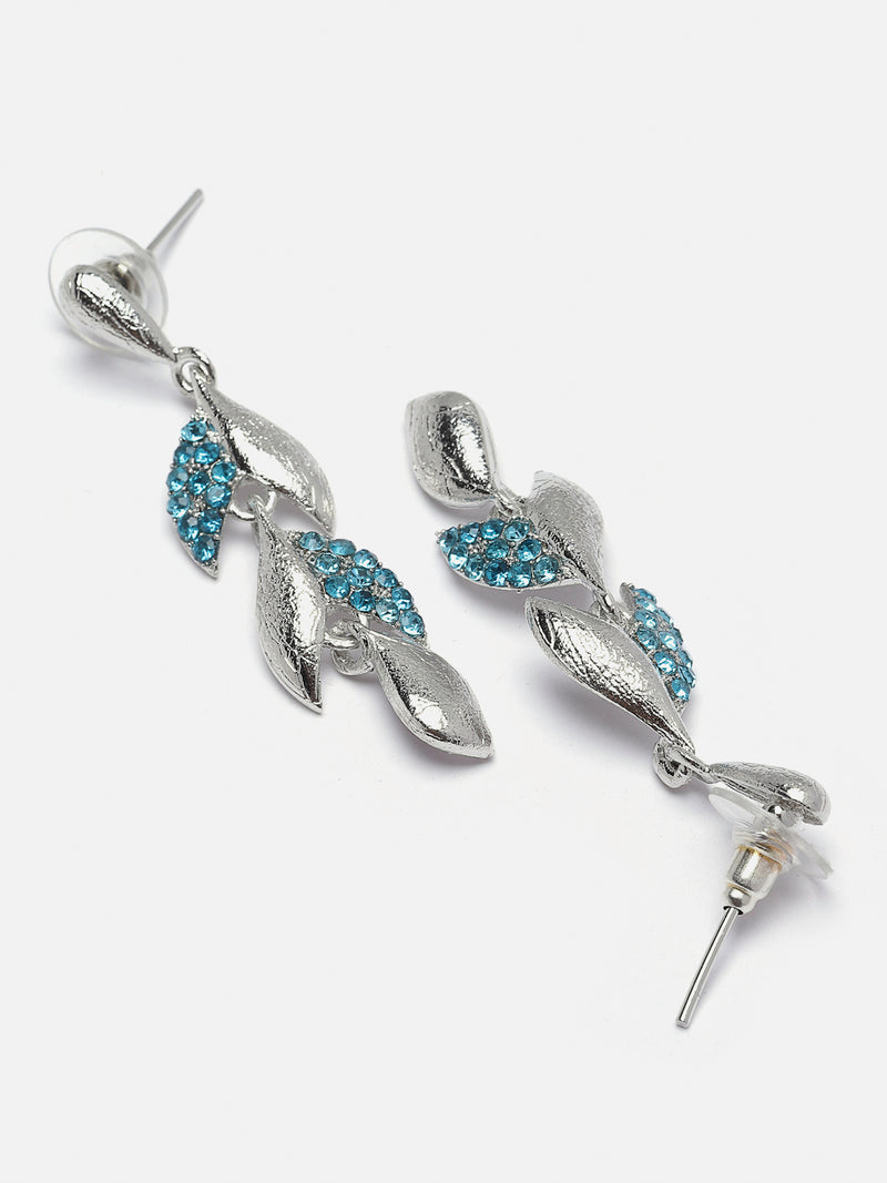 Silver-Plated Blue Cubic Zirconia Studded Leaf Shaped Necklace with Earrings Jewellery Set