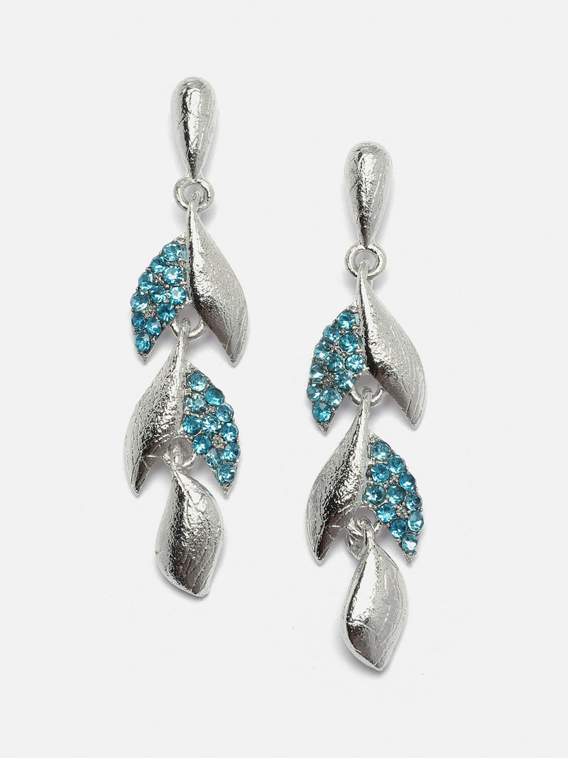 Silver-Plated Blue Cubic Zirconia Studded Leaf Shaped Necklace with Earrings Jewellery Set