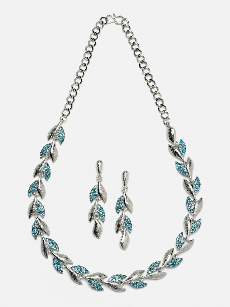 Silver-Plated Blue Cubic Zirconia Studded Leaf Shaped Necklace with Earrings Jewellery Set