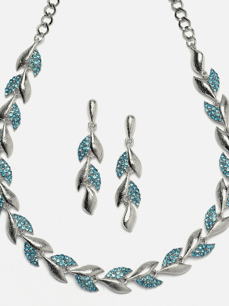 Silver-Plated Blue Cubic Zirconia Studded Leaf Shaped Necklace with Earrings Jewellery Set