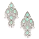 Rhodium-Plated Sea Green & White American Diamond studded Triangular Shaped Drop Earrings