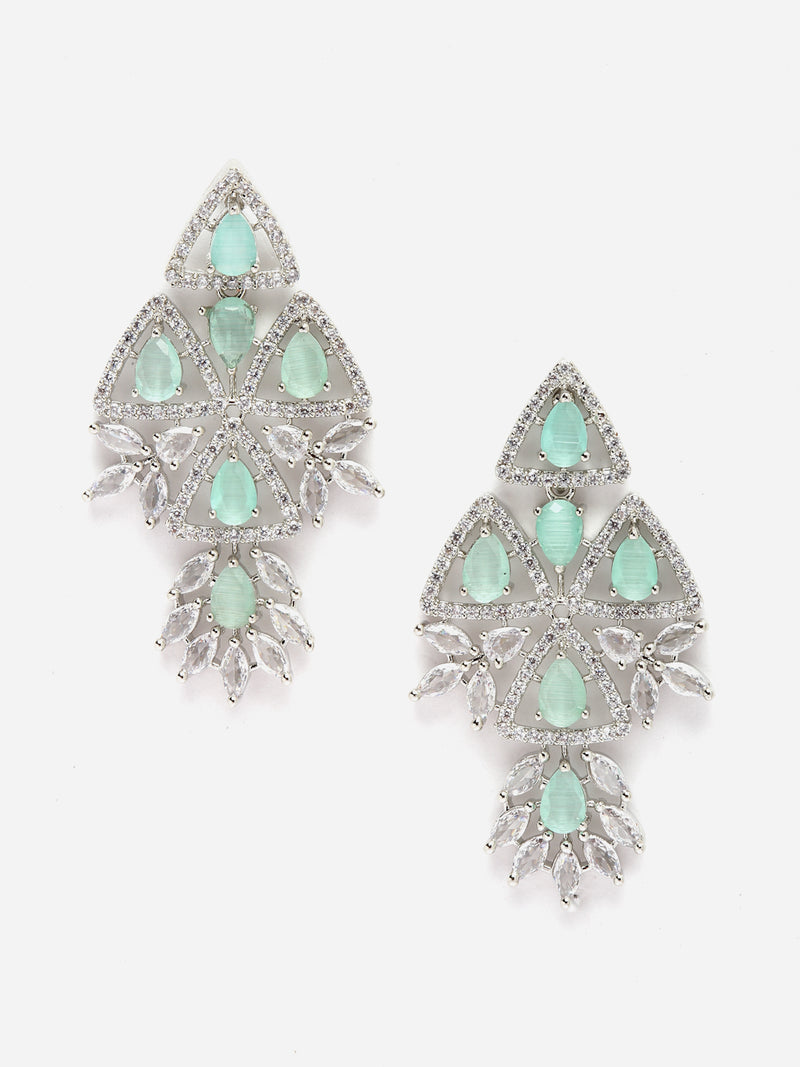 Rhodium-Plated Sea Green & White American Diamond studded Triangular Shaped Drop Earrings