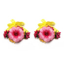 Gold-Plated Pink-Yellow Floral White Pearls Beaded Haldi & Mehendi Jewellery Set with Maang Tikka & Haathphool