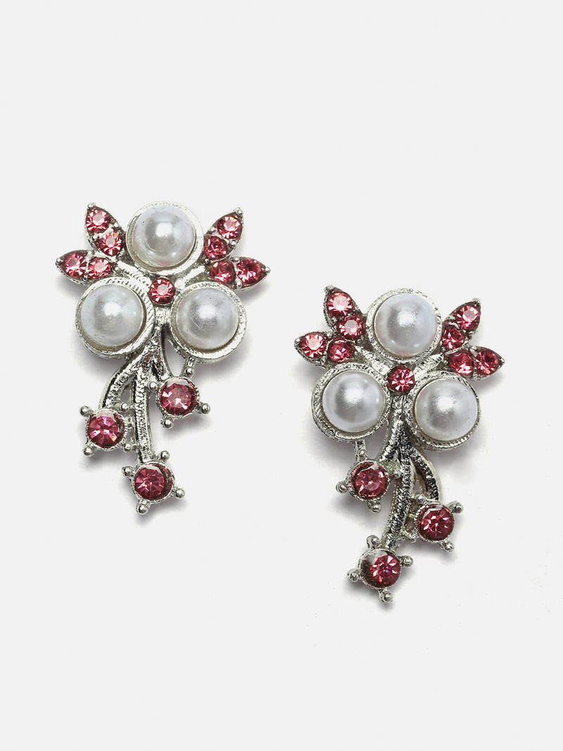 Silver-Plated Pink Cubic Zirconia & White Pearls Studded Jewellery Set