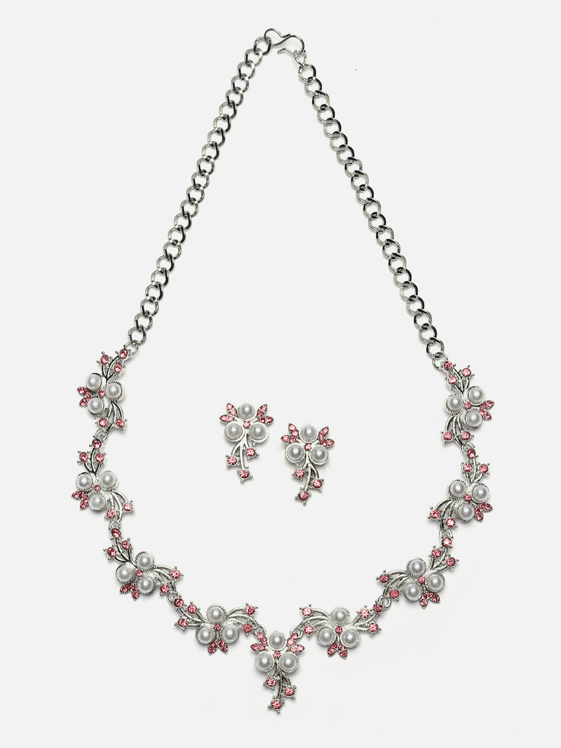 Silver-Plated Pink Cubic Zirconia & White Pearls Studded Jewellery Set