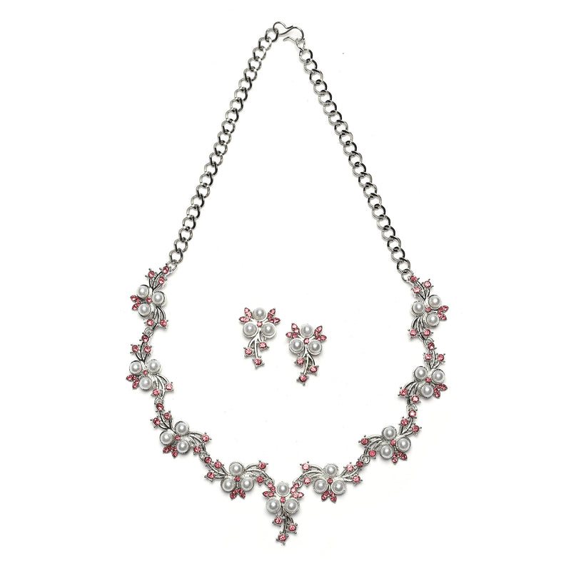Silver-Plated Pink Cubic Zirconia & White Pearls Studded Jewellery Set