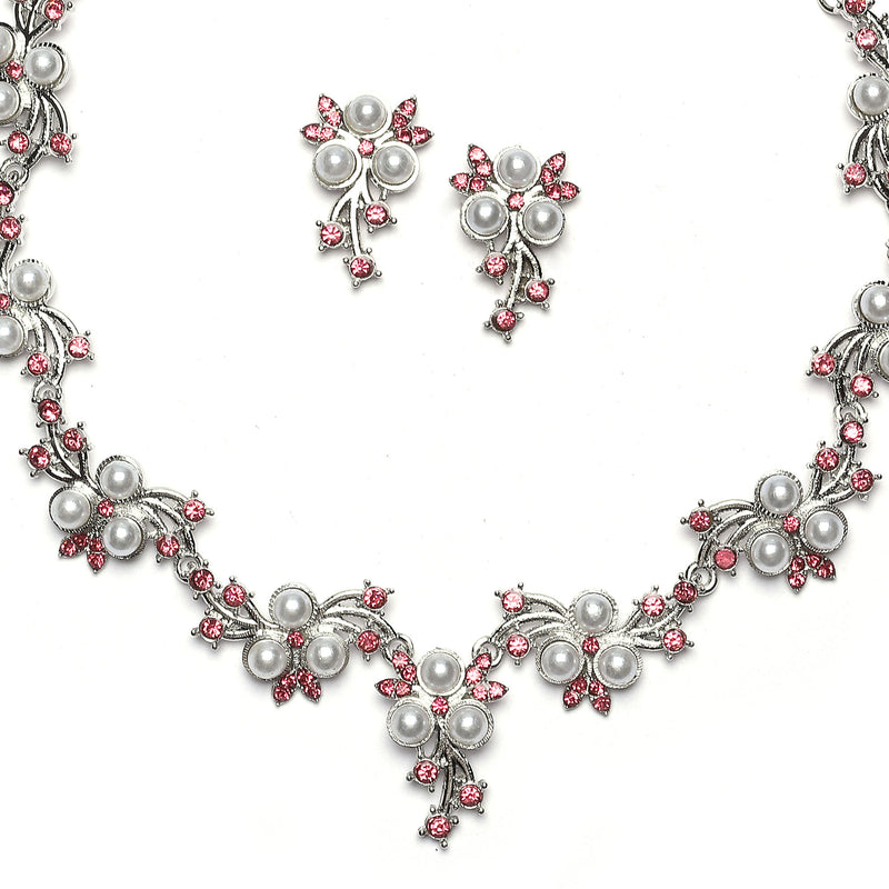 Silver-Plated Pink Cubic Zirconia & White Pearls Studded Jewellery Set