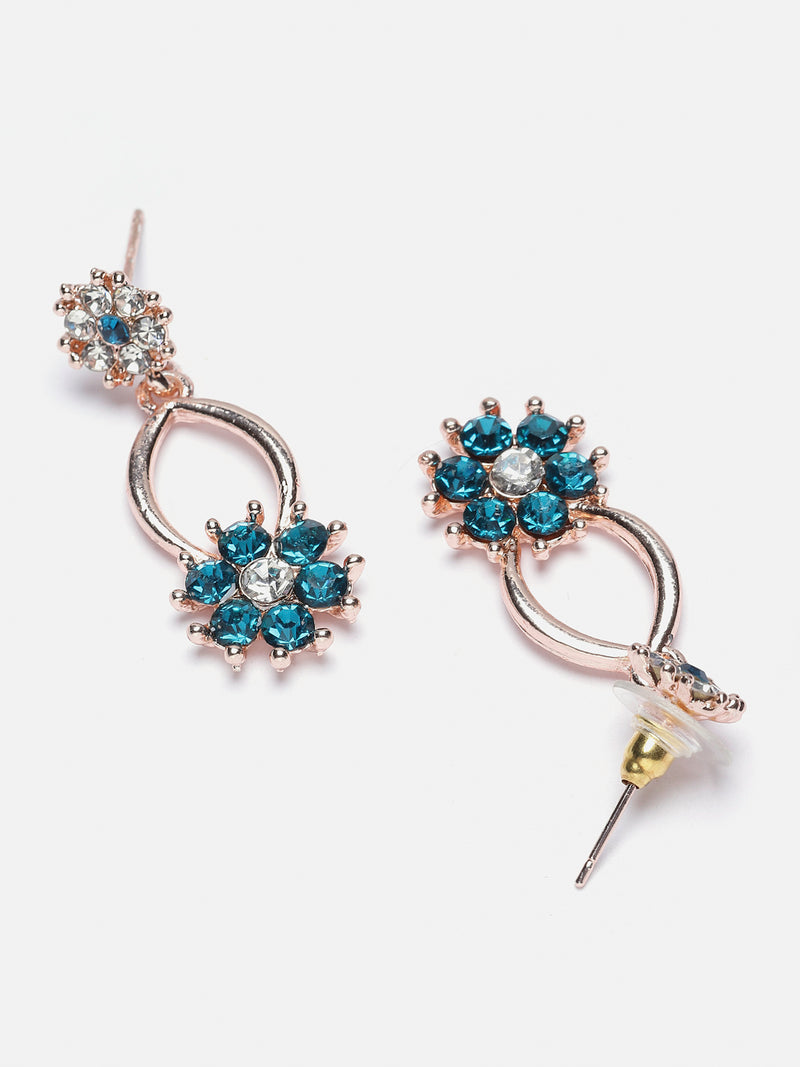 Rose Gold-Plated Blue & White Cubic Zirconia Studded Flower Shaped Necklace with Earrings Jewellery Set