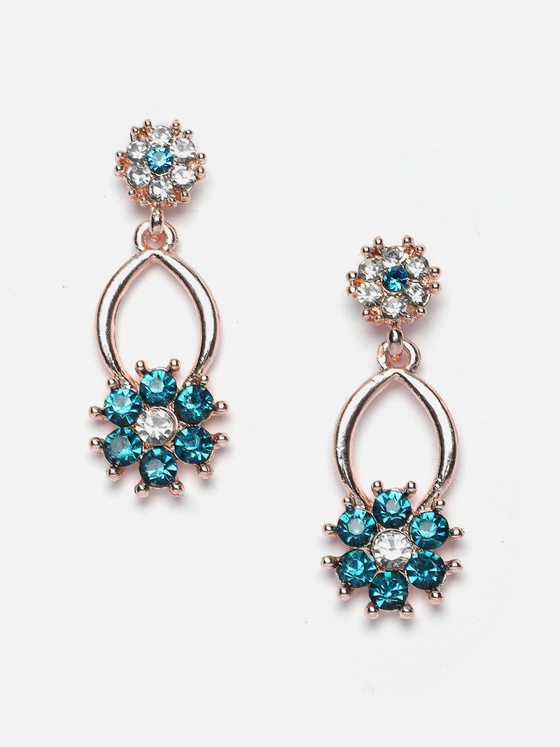 Rose Gold-Plated Blue & White Cubic Zirconia Studded Flower Shaped Necklace with Earrings Jewellery Set