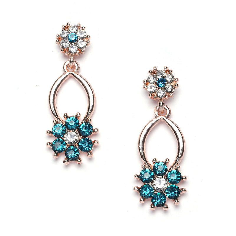 Rose Gold-Plated Blue & White Cubic Zirconia Studded Flower Shaped Necklace with Earrings Jewellery Set