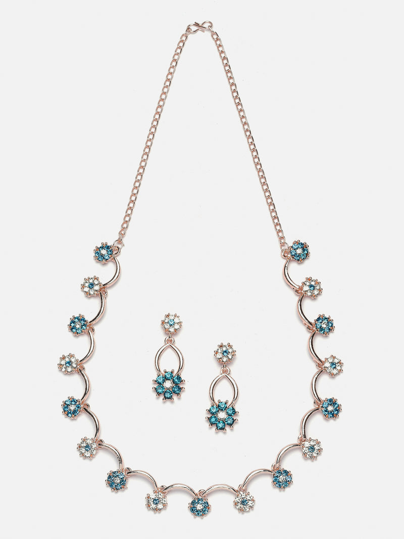 Rose Gold-Plated Blue & White Cubic Zirconia Studded Flower Shaped Necklace with Earrings Jewellery Set