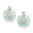 Rhodium-Plated Sea Green & White American Diamond studded Floral Drop Earrings