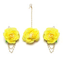 Gold-Plated Yellow-Pink Floral White Pearls Beaded Haldi & Mehendi Jewellery Set with Maang Tikka & Haathphool