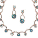 Rose Gold-Plated Blue & White Cubic Zirconia Studded Flower Shaped Necklace with Earrings Jewellery Set