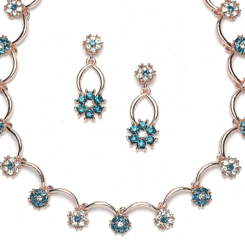 Rose Gold-Plated Blue & White Cubic Zirconia Studded Flower Shaped Necklace with Earrings Jewellery Set