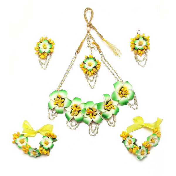 Gold-Plated Green-Yellow Floral White Pearls Beaded Haldi & Mehendi Jewellery Set with Maang Tikka & Haathphool