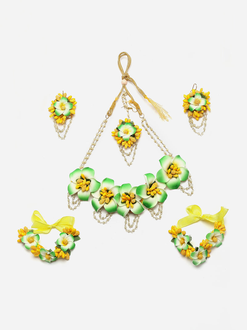 Gold-Plated Green-Yellow Floral White Pearls Beaded Haldi & Mehendi Jewellery Set with Maang Tikka & Haathphool