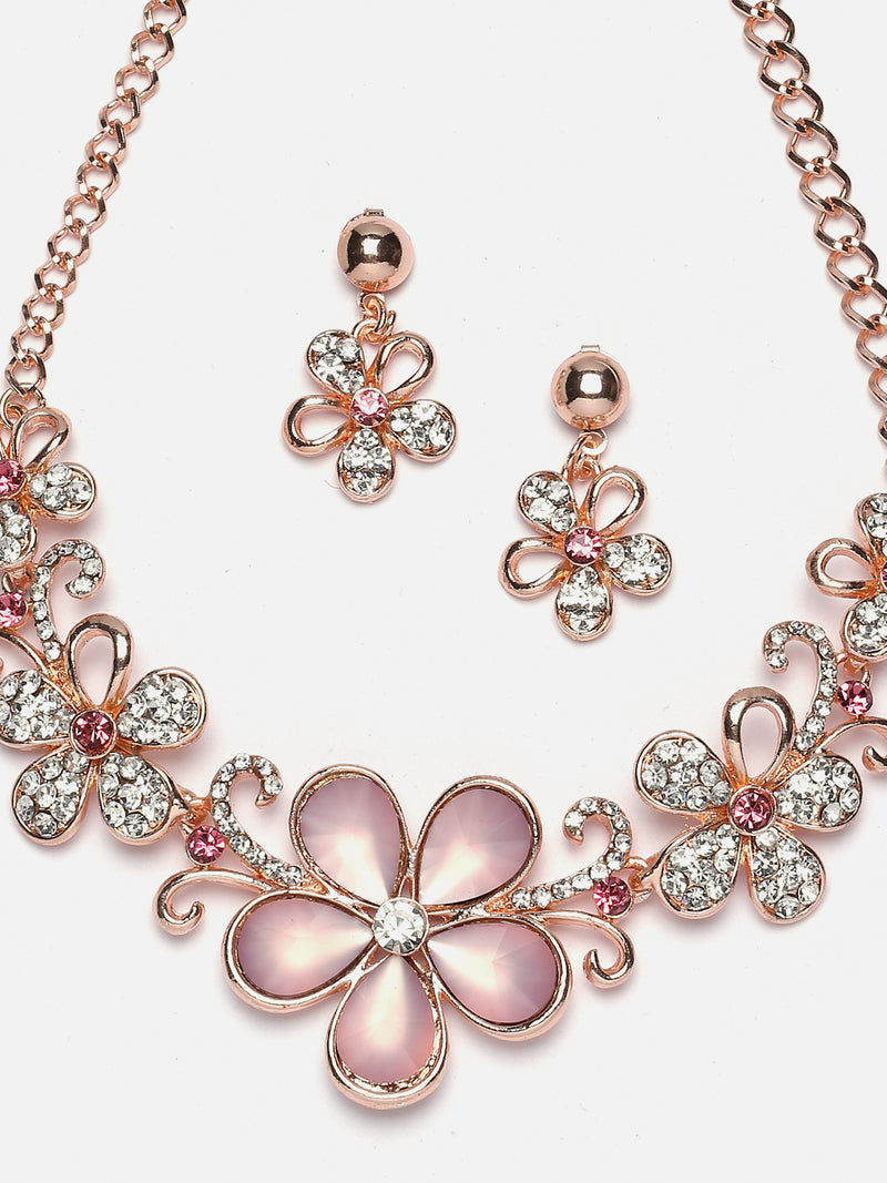 Rose Gold-Plated Pink American Diamonds Studded Floweret Necklace & Earrings Jewellery Set