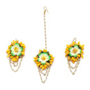 Gold-Plated Green-Yellow Floral White Pearls Beaded Haldi & Mehendi Jewellery Set with Maang Tikka & Haathphool