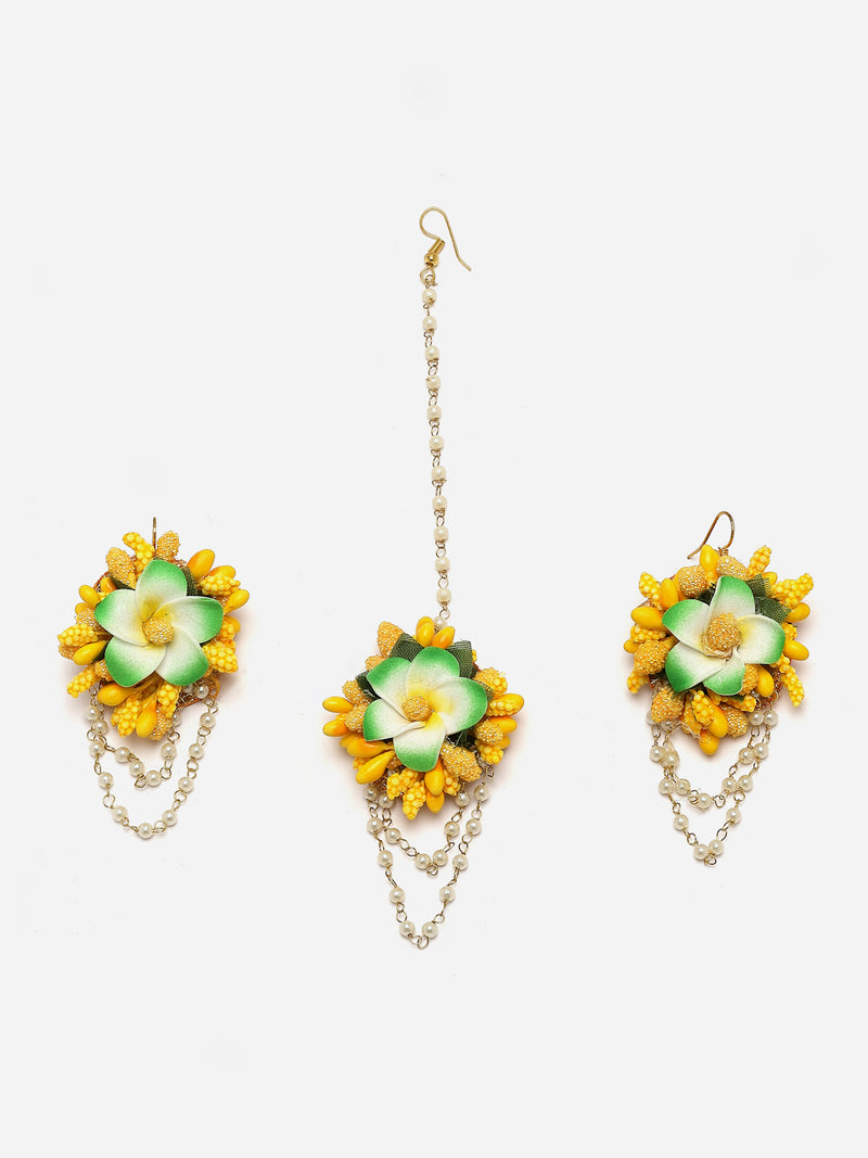 Gold-Plated Green-Yellow Floral White Pearls Beaded Haldi & Mehendi Jewellery Set with Maang Tikka & Haathphool