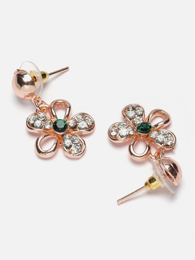 Rose Gold-Plated Green American Diamonds Studded Floweret Necklace & Earrings Jewellery Set