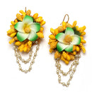 Gold-Plated Green-Yellow Floral White Pearls Beaded Haldi & Mehendi Jewellery Set with Maang Tikka & Haathphool