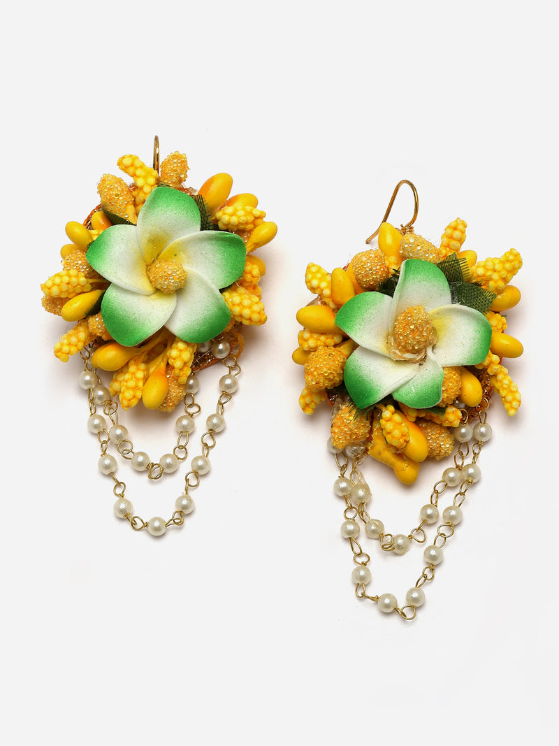 Gold-Plated Green-Yellow Floral White Pearls Beaded Haldi & Mehendi Jewellery Set with Maang Tikka & Haathphool