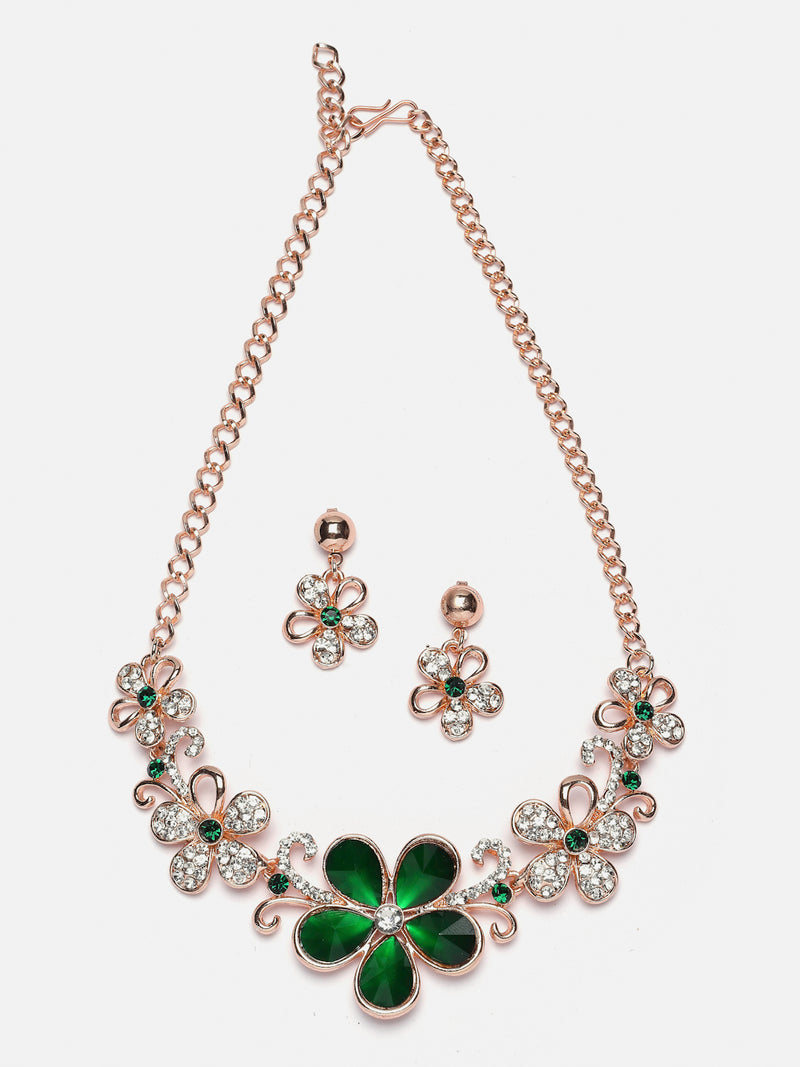 Rose Gold-Plated Green American Diamonds Studded Floweret Necklace & Earrings Jewellery Set