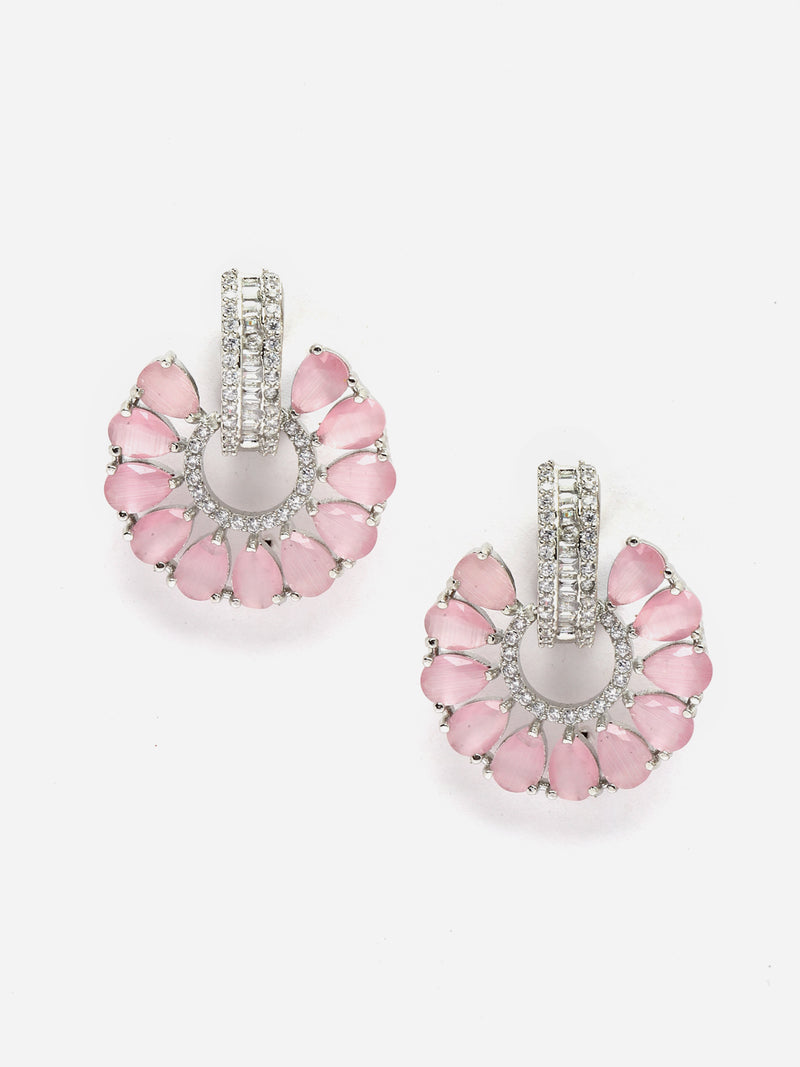 Rhodium-Plated Pink & White American Diamond studded Floral Drop Earrings