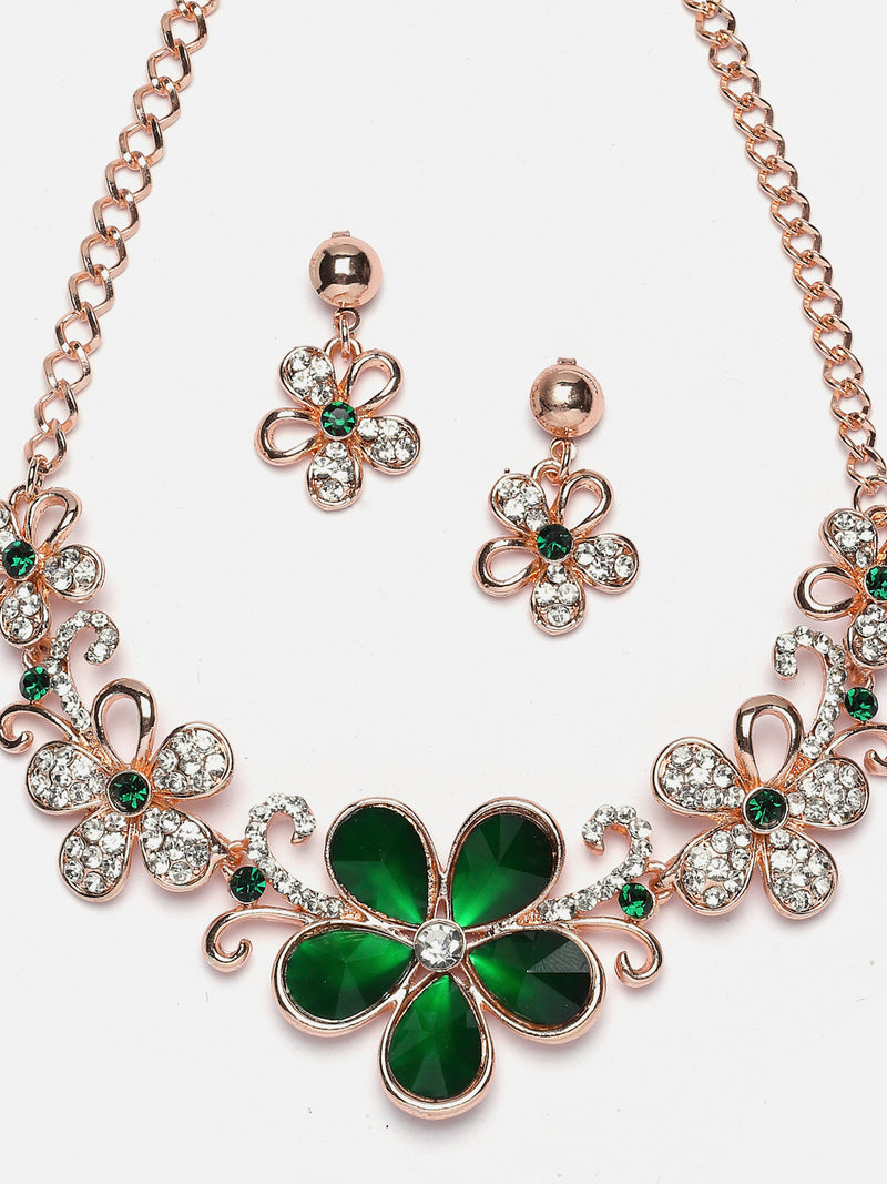 Rose Gold-Plated Green American Diamonds Studded Floweret Necklace & Earrings Jewellery Set