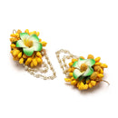 Gold-Plated Green-Yellow Floral White Pearls Beaded Haldi & Mehendi Jewellery Set with Maang Tikka & Haathphool