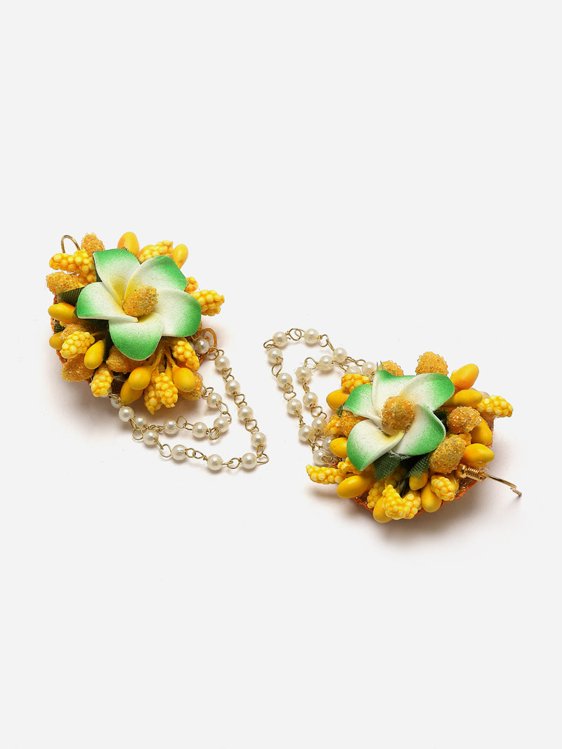 Gold-Plated Green-Yellow Floral White Pearls Beaded Haldi & Mehendi Jewellery Set with Maang Tikka & Haathphool