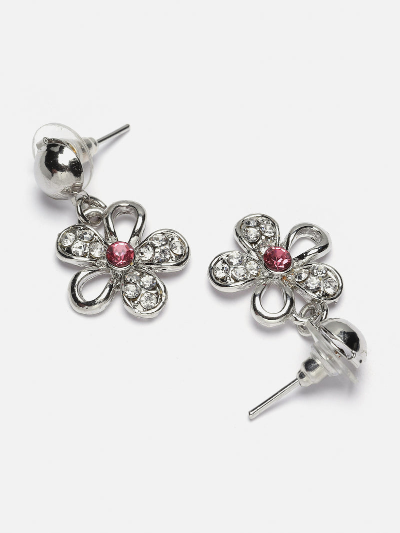 Rhodium-Plated Red American Diamonds Studded Floweret Necklace & Earrings Jewellery Set