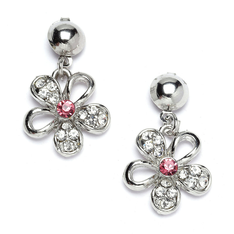 Rhodium-Plated Red American Diamonds Studded Floweret Necklace & Earrings Jewellery Set