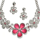 Rhodium-Plated Red American Diamonds Studded Floweret Necklace & Earrings Jewellery Set